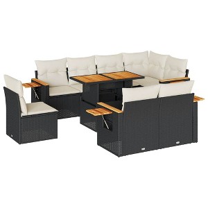 vidaXL Garden Sofa Set Black Poly Rattan, Acacia Wood, Powder-Coated Steel - 1 of 4
