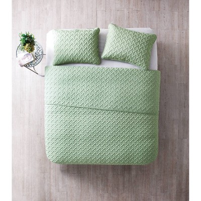 Green Twin Reversible Microfiber Basketweave Quilt Set