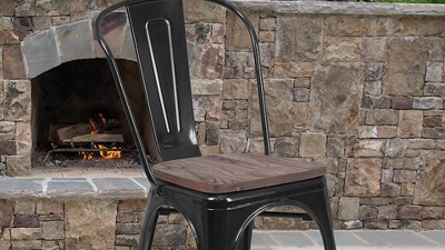 Black Metal Stackable Dining Chair with Wood Seat