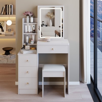 Small White Vanity Table with Cushioned Stool, Tri-Color LED Mirror & Sliding Drawer for Compact Bedroom Corners-Cuddlewood