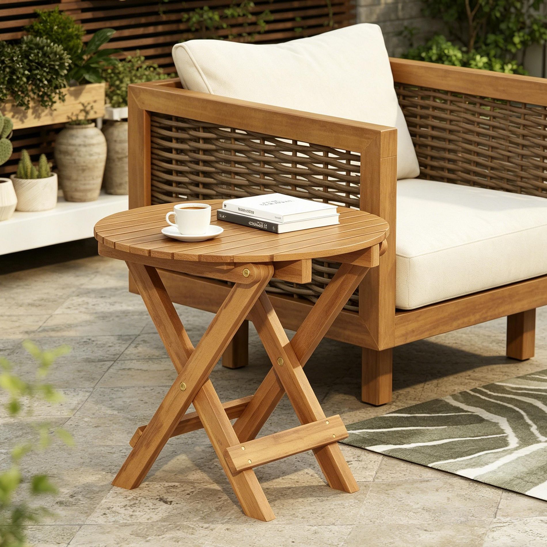 ModernLuxe Foldable Side Table Adjustable Outdoor Acacia Wood Coffee Table, Teak Finish No Assembly End Table for Patio, Balcony & Camping