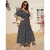 Women Plus Size Maxi Dress V Neck Summer Dress Short Sleeve Long Dress High Waist Ruffle Casual Dress with Belt - 3 of 4