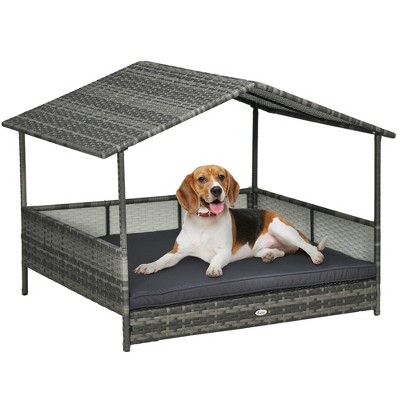 Pawhut Outdoor Wicker Dog House With Canopy, Rattan Dog Bed With Soft ...