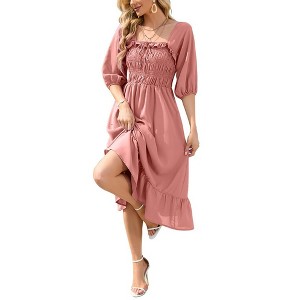 WhizMax Women's Elastic Square Neck Short Sleeve Smocked Ruffle Hem Midi Dress Beach Dress - 1 of 4