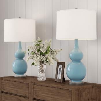 Table Lamps ? Set of 2 Ceramic Double Gourd Vintage Style for Bedroom Living Room or Office with  Energy Efficient LED Bulbs by Lavish Home (Blue)