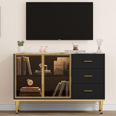 Homhougo Fluted Sideboards Buffets Cabinet with Glass Doors, 3 Drawers, Marble Top Kitchen Sideboard Cabinet Black