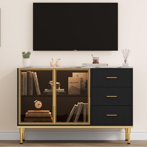 Homhougo Fluted Sideboards Buffets Cabinet with Glass Doors, 3 Drawers, Marble Top Kitchen Sideboard Cabinet Black - 1 of 4