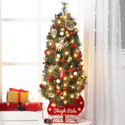 2Pcs 4.5 Ft Pre-Lit Artificial Christmas Tree with 85 Clear Lights,Timer,Pine Cones and Sleigh Base
