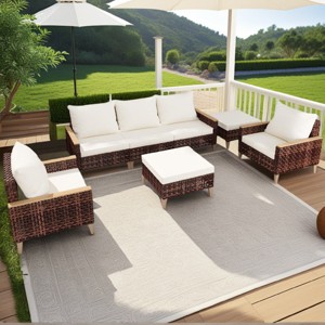 Outdoor Patio Sofa Set, 7 Pcs Sofa Set with Multifunctional Footstool, Rattan Sofa with Wooden Armrests and Removable PE Cushions-Coolbibila - 1 of 4