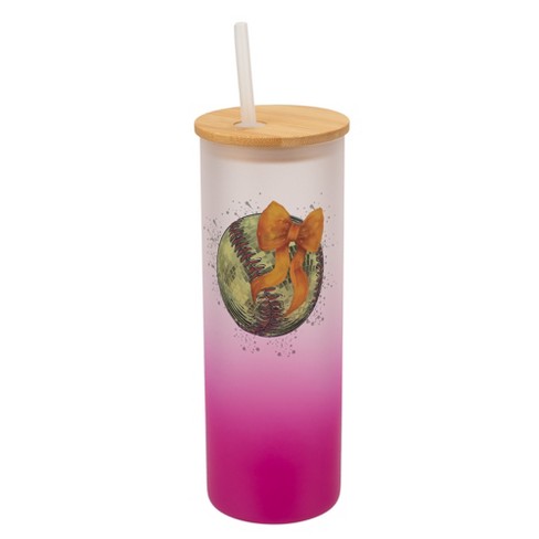 Elanze Designs 25 Ounce Frosted Glass Gradient Travel Tumbler With Straw and Wooden Lid, Softball With Orange Bow Pink - image 1 of 1