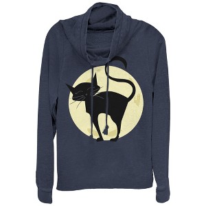 Juniors Womens CHIN UP Halloween Cute Cat in Moon Cowl Neck Sweatshirt - 1 of 3