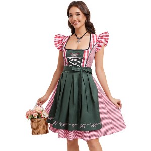 Clearlove Women's Dirndl Puff Sleeve Square Neck Gingham Panel Dress Embroidered Hem Apron Two-Piece Set - 1 of 4