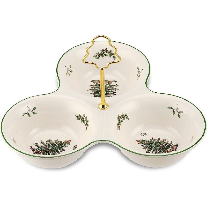 Spode Christmas Tree 3 Section Server with Tree Handle, 3 Section Divided Serving Tray for Nuts, Candies, Condiments and Holiday Treats, 1 of 5