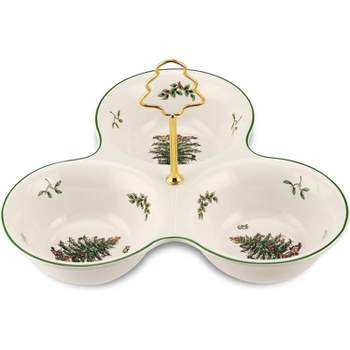 Spode Christmas Tree 3 Section Server with Tree Handle, 3 Section Divided Serving Tray for Nuts, Candies, Condiments and Holiday Treats