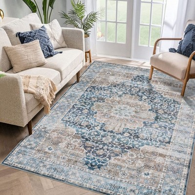 Machine Washable Area Rug Low Pile Non Slip Floor Carpet Vintage Distressed Flower Rug Soft Non Shedding Carpet for Kitchen Bedroom Living Room