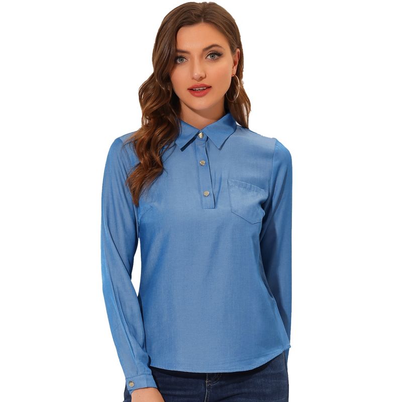 Allegra K Women's Point Collar Half Placket Casual Long Sleeve Chambray Blouse Shirts, 1 of 6