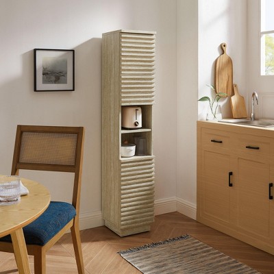 Tall Narrow Faux Travertine Linen Storage Cabinet with Adjustable Shelves