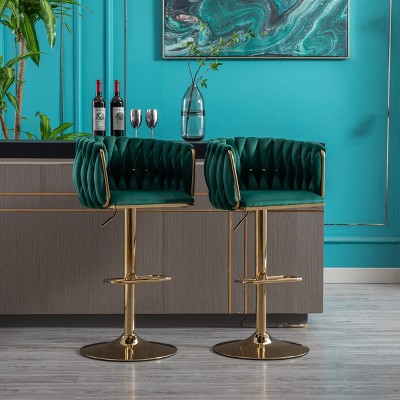 Akoasm Modern Adjustable Swivel Velvet Bar Stools Chairs With Chrome Footrest And Base 2 Pieces-Green