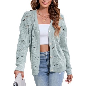 Women's Lightweight Crochet Cardigan Long Sleeve Hollow Out Kint Sweaters - 1 of 4