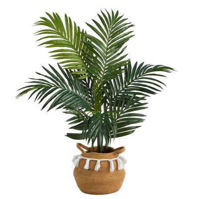 Nearly Natural 4-ft Kentia Palm Artificial Tree in Boho Chic Handmade Natural Cotton Woven Planter with Tassels