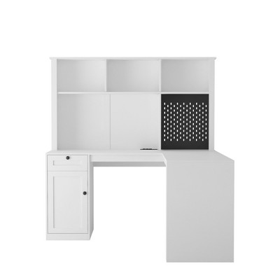 INFURNIC Decorative Bookshelf L-Shaped Desk with Outlet, Corner Computer Desk with Bookshelf and Drawers for Home Office, White, 64.56"*27.75"*4.44"