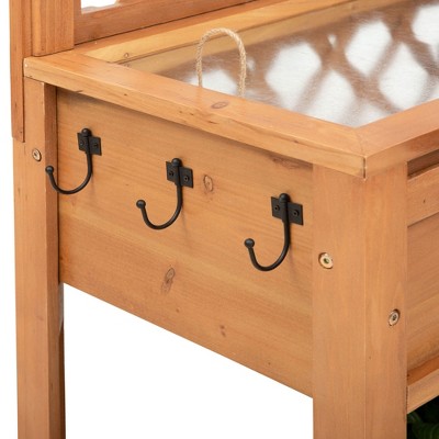 Natural Solid Wood Outdoor Potting Bench with Metal Screen and Storage