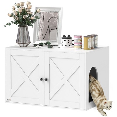 PawHut Cat Litter Box Enclosure, Hidden Litter Box Furniture with Barn Door, Cat Hole, End Side Table, 31.5" x 21" x 20", White