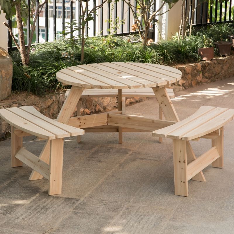GardenisedWooden Outdoor Round Picnic Table with Bench for Patio, 6- Person with Umbrella Hole, 5 of 14