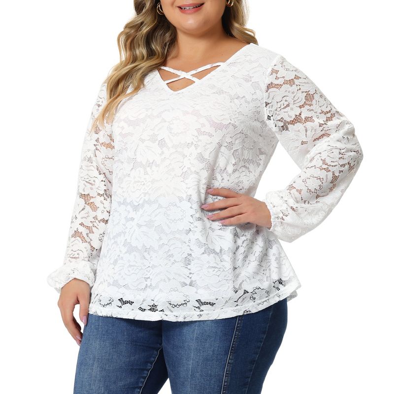 Agnes Orinda Women's Plus Size Lace Sheer Long Sleeve Layer Cross Elastic Cuff V Neck Blouses, 1 of 6