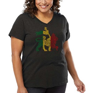 LA Pop Art Women's Word Art V-Neck - Rasta Lion - One Love - 1 of 4