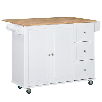 HOMCOM Mobile Kitchen Island Storage Trolley Cart on Wheels with Dropleaf Top, Towel/Spice Rack, 3 Drawers, 2-Door Cabinet