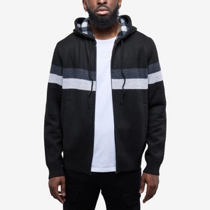 CULTURA Mens' Full Zip Hooded Striped Cardigan Sweater With Faux Shearling Lining - 1 of 4