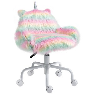 HOMCOM Fluffy Unicorn Office Chair with Mid-Back and Armrest Support, 5 Star Swivel Wheel White Base, Rainbow - 1 of 4