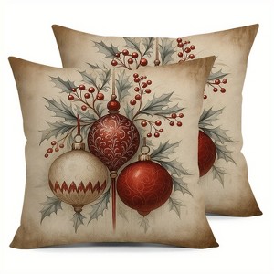 Lomsoe 2pcs Red Berries Red White Green Leaves Christmas Throw Pillow Covers Christmas Decorative Balls Cushion Case Winter Home Decor for Sofa Couch - 1 of 4