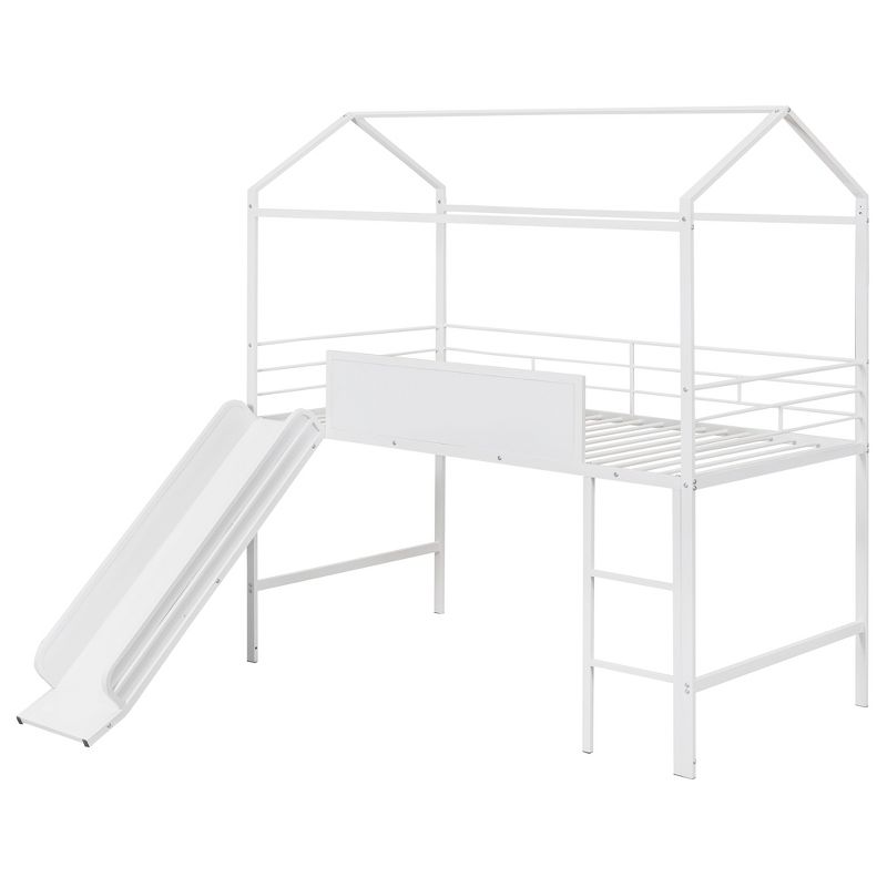 Twin Size Metal House Loft Bed With Slide and Two-Sided Writable Wooden Board-ModernLuxe, 4 of 9