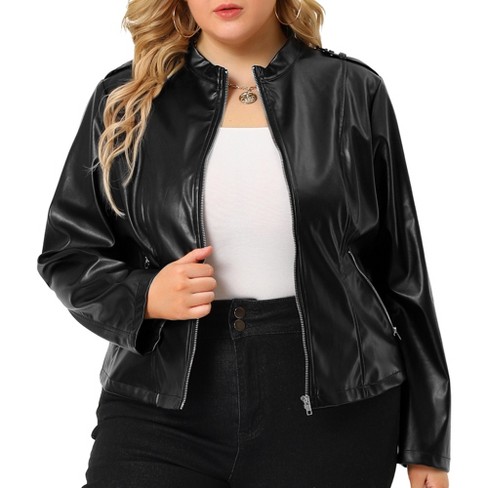 Agnes Orinda Women's Plus Size PU Motorcycle Zipper Pocket Faux Jackets  Black 2X