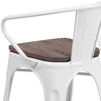 Modern Rustic White Metal Bistro Chair with Wood Seat and Arms