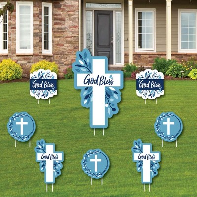 Big Dot of Happiness Blue Elegant Cross - Yard Sign and Outdoor Lawn Decorations - Boy Religious Party Yard Signs - Set of 8