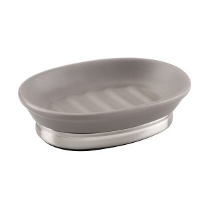 iDesign Ceramic Soap Dish for Bathroom Sink - Matte Gray/Brushed - 1 of 4