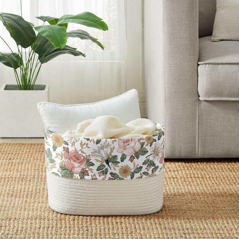 Sweet Jojo Designs Woven Cotton Rope Decorative Storage Basket Bin Vintage Floral Pink Green and Yellow, 4 of 5