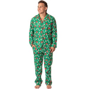 Peanuts Mens' Christmas Snoopy Charlie Brown Button Sleep Pajama Set Green - 1 of 3