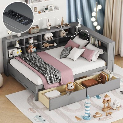 Streamdale Wooden Full Size DayBed with 2 Drawers, DayBed with Storage Shelf and USB Charging Ports, Grey