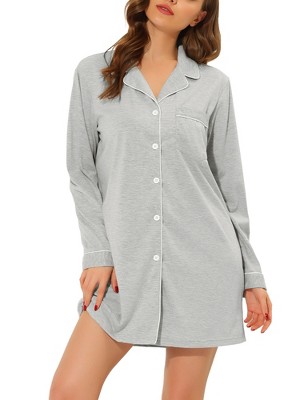 cheibear Women's Long Sleeve Notched Lapel Button Down Lounge Nightshirt