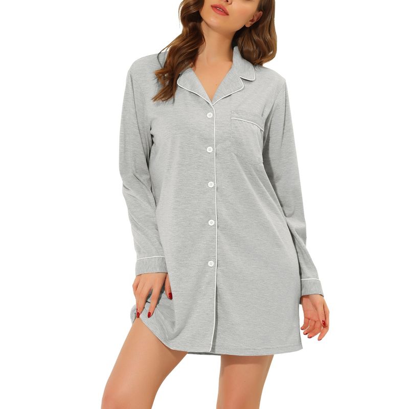 cheibear Women's Long Sleeve Button Down Lounge Nightshirt, 1 of 6