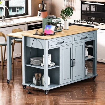 47" Rubber Wood Veneer Kitchen Island, with Extendable Dining Table, Internal Storage Rack, Power Outlet, 2 Drawers & 2 Cabinet