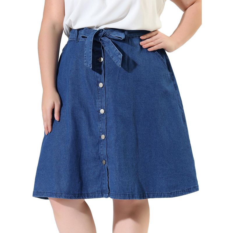 Agnes Orinda Women's Plus Size Denim Tie Waist Button Front A-Line Midi Skirts, 2 of 7