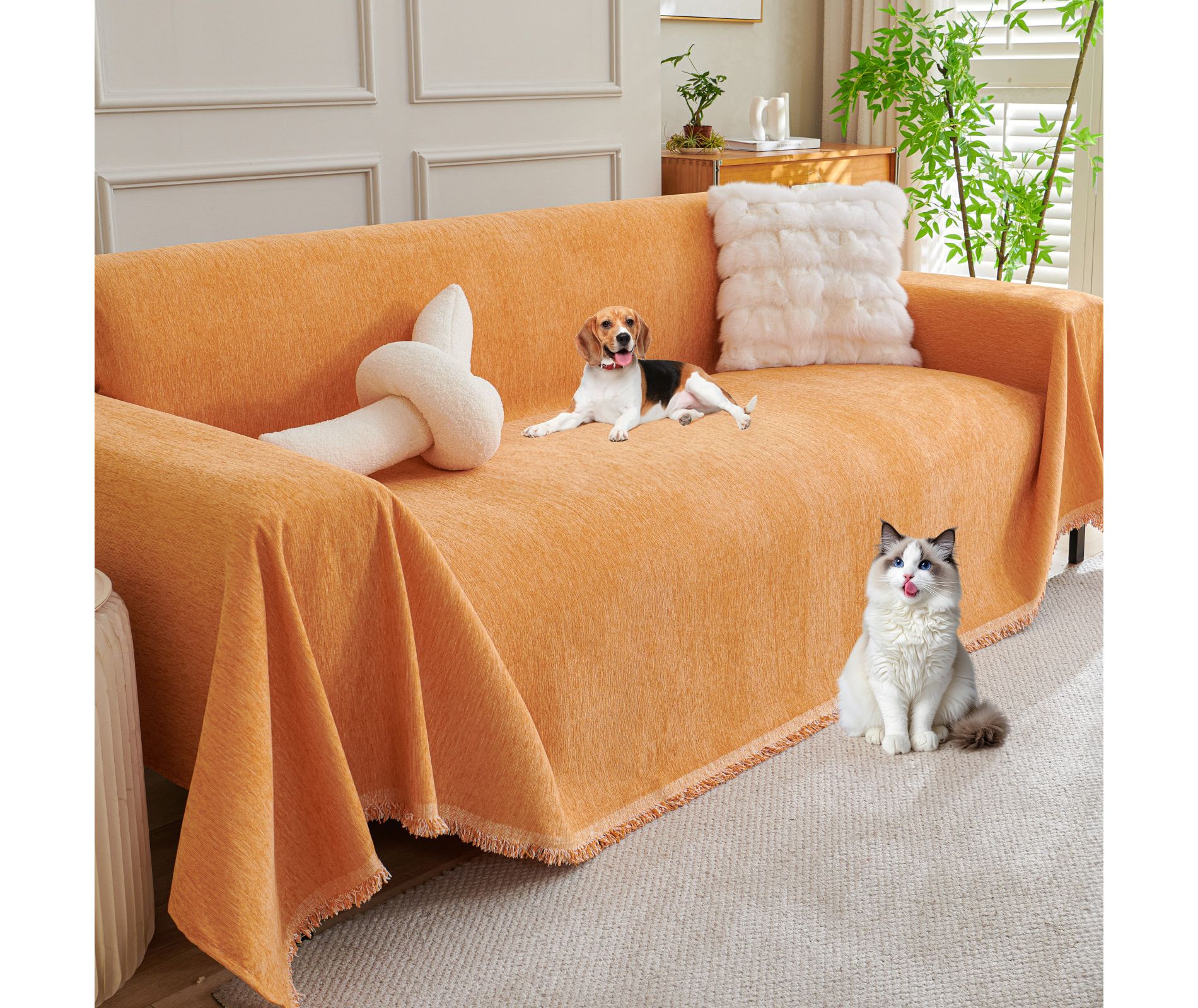 Bekrvio Chenille Couch Covers for Pets Washable Sectional for 3 Cushion- Tassels Cat Scratch Proof Sofa Protector Slipcover, 91'' x 134'', Orange
