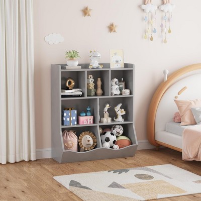Kids 3-Tier Storage Organizer Bookshelf Gray - 7 Compartment Shelf for Kids' Room, Bedroom, Living Room, and Kindergarten