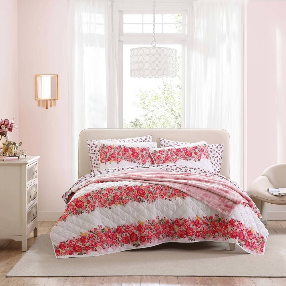 Photos - Duvet Betseyville 3pc Full/Queen Banded Floral Microfiber Quilt Set Pink: All Ag