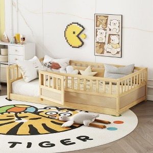 CAVINAS Twin Size Floor Beds for Kids,Wooden Toddler Bed with Support Slat,Fence&Door,Children's Floor Bed for Girls,Boys,Box Spring Required - 1 of 4
